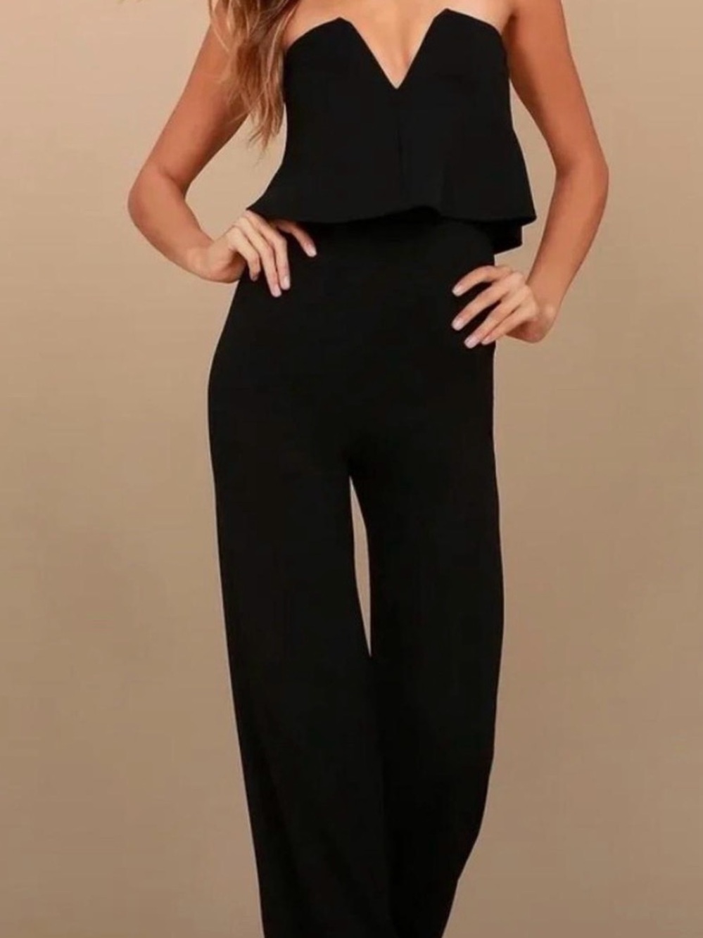 Lulus Womens XL Black Strapless Ruffle Wide Leg Jumpsuit NWT Formal Party